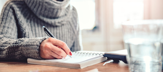 Woman writing notes in the notebook at the office