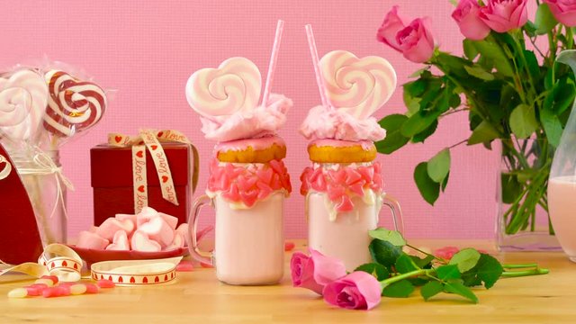 4k On-trend Valentine's Day table setting with pink strawberry freak shakes topped with heart shaped lollipops, donuts and cotton candy.