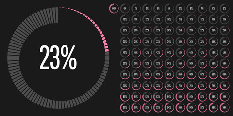 Fototapeta na wymiar Set of circle percentage diagrams (meters) from 0 to 100 ready-to-use for web design, user interface (UI) or infographic - indicator with pink
