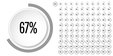 Set of circle percentage diagrams (meters) from 0 to 100 ready-to-use for web design, user interface (UI) or infographic - indicator with gray - obrazy, fototapety, plakaty