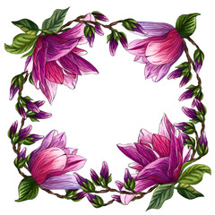 Floral round wreath with magnolia flowers. Wreath, frame flowers. Watercolor
