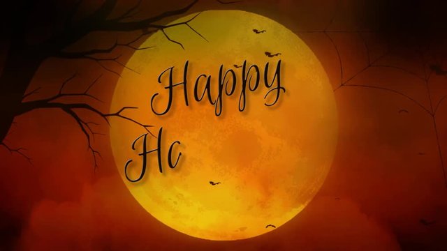Happy Halloween Full Moon in Orange 4K Loop features a close up of a yellow full moon with smoke rising and bats flying with Happy Halloween being hand written on the moon