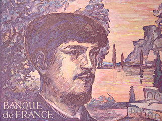 Claude Debussy portrait on French 20 francs. Famous music composer..