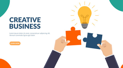 Creative business illustration concept, business hands connect bulb puzzle, flat design vector illustration