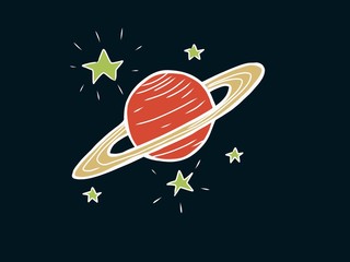 Abstract illustration of red and yellow saturn with yellow stars. Cosmos drawing on black background. cute planet doodle © Mary