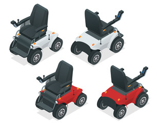 Isometric set of electric wheelchair. New large motorized electric wheelchair. Mobile scooter.