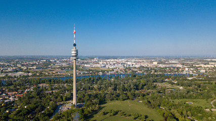 Beautiful drone shot of Viennas Donauturm with a blue sky