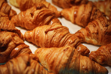Assortment of delicious and chocolate croissants made by pastry chef. All look very tasty and delightful. Natural light.