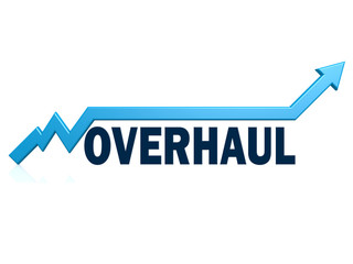 Overhaul word with blue grow arrow