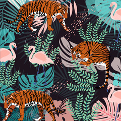 Pattern with tiger and pink flamingo, vector hand drawn watercolor illustration