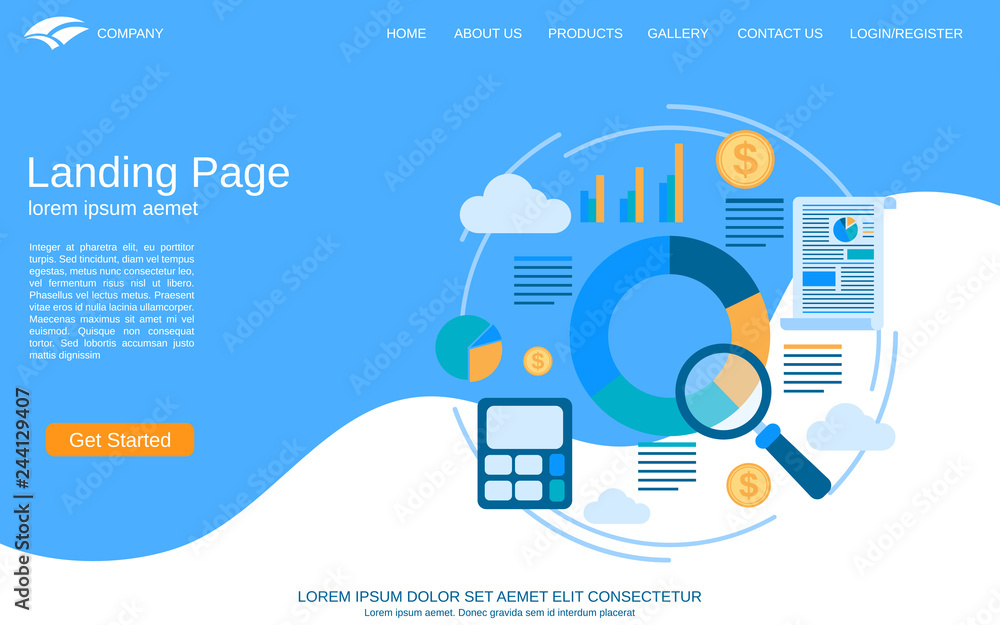 Aufkleber website landing page vector template. blue-white background with flat style business concept illustr