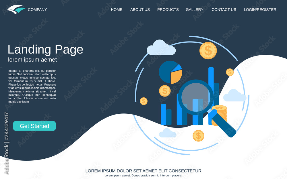 Aufkleber website landing page vector template. blue-white background with flat style business concept illustr