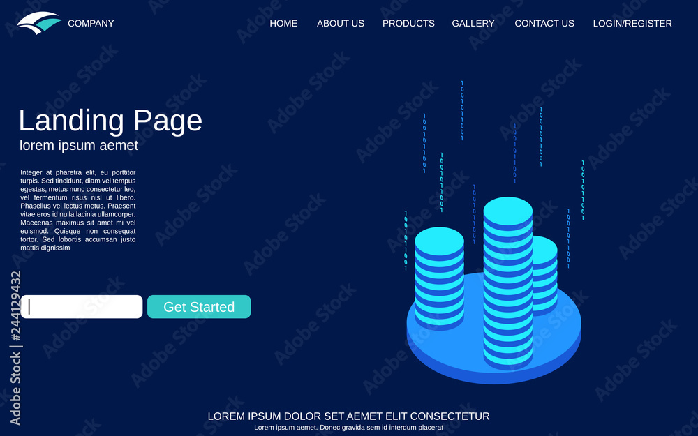 Poster website landing page vector template. blue background with digital technology isometric comcept illu