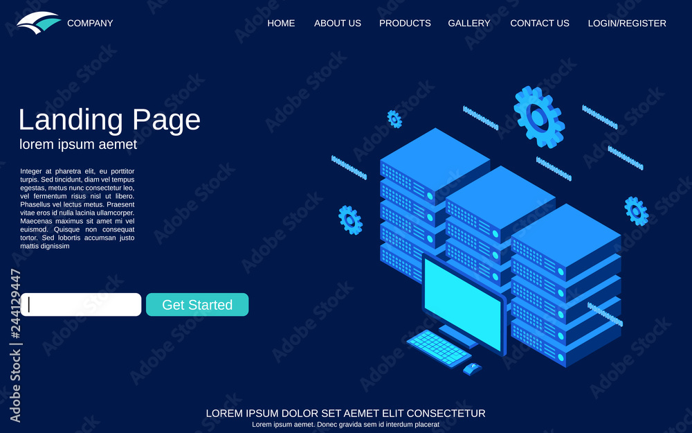 Aufkleber website landing page vector template. blue background with web server flat 3d isometric concept illu