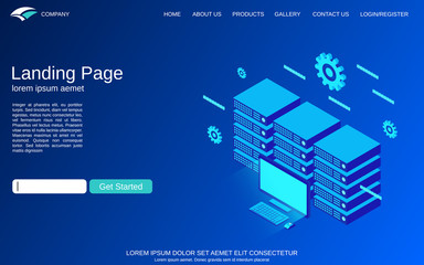 Website landing page vector template. Blue background with web server flat 3d isometric concept illustration