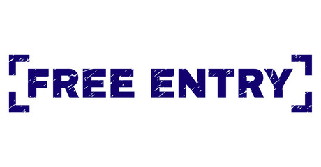 FREE ENTRY text seal watermark with grunge style. Text tag is placed inside corners. Blue vector rubber print of FREE ENTRY with grunge texture.