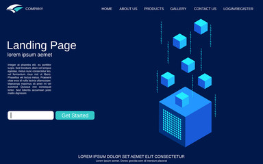 Website landing page vector template. Blue background with digital technology isometric comcept illustration