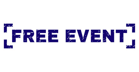 FREE EVENT label seal print with corroded texture. Text title is placed inside corners. Blue vector rubber print of FREE EVENT with dirty texture.
