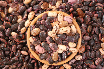 Raw purple, pink, beige with brown speckled kidney beans on wooden bowl on the table. Closeup