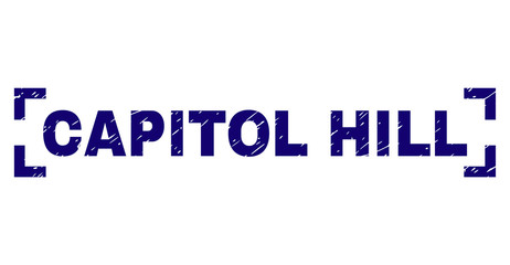 CAPITOL HILL tag seal print with grunge texture. Text tag is placed inside corners. Blue vector rubber print of CAPITOL HILL with dirty texture.