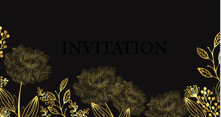 Invitation with flowers, gold gradient, leaves print, vector illustration © Tselinka777