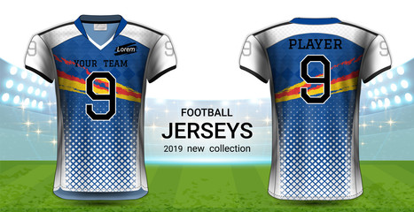American Football or Soccer Jerseys Uniforms, Realistic Graphic Design Front and Back View for Presentation Mockup Template, Easy Possibility to Apply Your Artwork, Text, Image, Logo (Eps10 Vector)