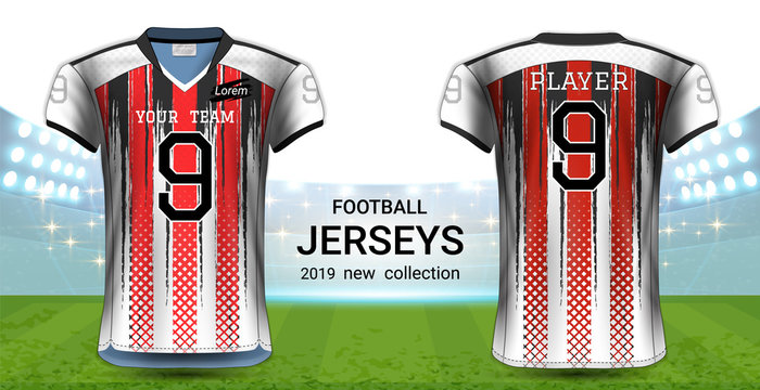 American Football or Soccer Jerseys Uniforms, Realistic Graphic Design Front and Back View for Presentation Mockup Template, Easy Possibility to Apply Your Artwork, Text, Image, Logo (Eps10 Vector)