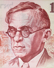 Zeev Jabotinsky (1880 - 1940) face portrait on old Israeli 100 shekel (1980) banknote close up. Famous Zionist leader.