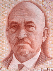 Chaim Weizmann (1874 - 1952) face portrait on Israeli 50 pound (1968) banknote close up. First...