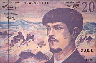 Fototapeta na wymiar Claude Debussy portrait on French 20 francs. Famous music composer..