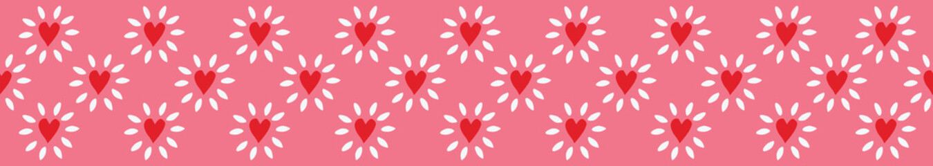 Charming repeat border of red, pink and white glowing hearts on seamless background. Perfect for textile edge designs, fashion, home decor, ribbon, banners, washi tape and tea towel borders.  Vector. 
