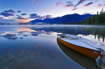 Overview of beautiful sunrise at Edith Lake, Jasper National Park, Alberta, Canada. 