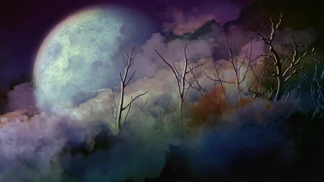 Dead Forest Full Moon 4K features eerie green orange and purple clouds flowing past a full moon with dead trees peeking out through the clouds  