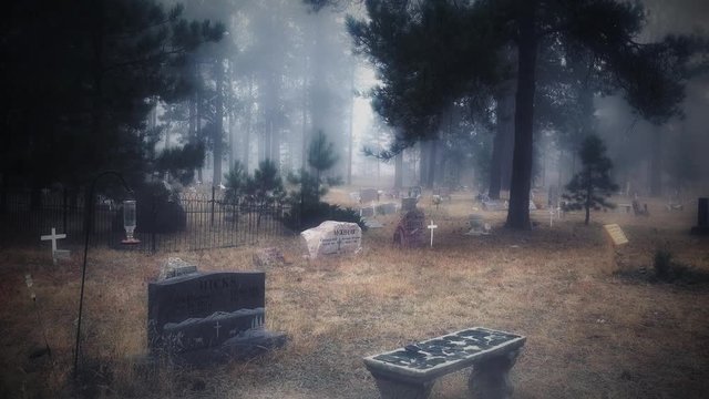 Colorado Cemetery in the Mist 4K features a static camera looking at an old cemetery in Peyton Colorado with light mist and snow moving across the scene in a loop