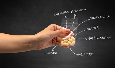 Fototapeta premium Hand with pills in plastic bag and blackboard wallpaper