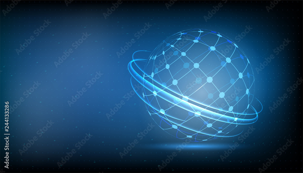 Poster digital world in your fingertip and global connection concept; the virtual digital spherical ball sy