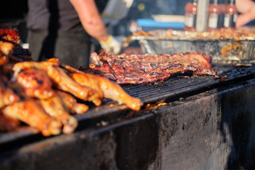 Cooking barbecue at outdoor summer grill festival in Vancouver