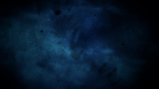 Ghostly Visage Full Moon Blue 4K Loop features a blue grunge material environment with a full moon and clouds behind with hands prints and face moving in and out of scene in a loop