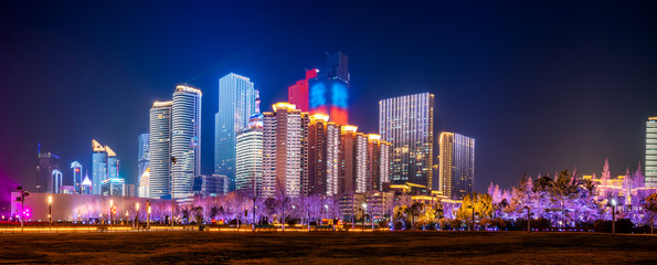 Fototapeta na wymiar Beautiful Nightscape of Urban Architecture in Qingdao..