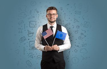 Businessman with office symbol concept and little flag on his hand

