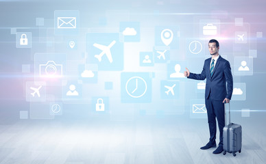 Businessman departs to a business trip with social media and travel symbol concept
