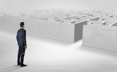 Businessman getting ready to enter the labyrinth with objects in his hand concept
