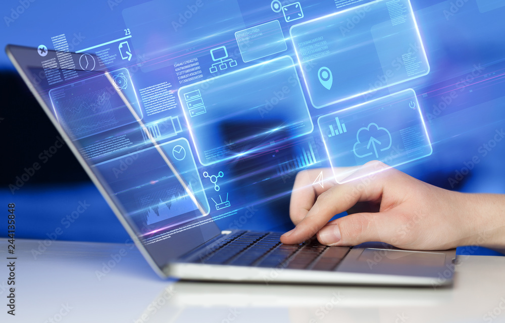 Poster hand using laptop with database reports and online work concept