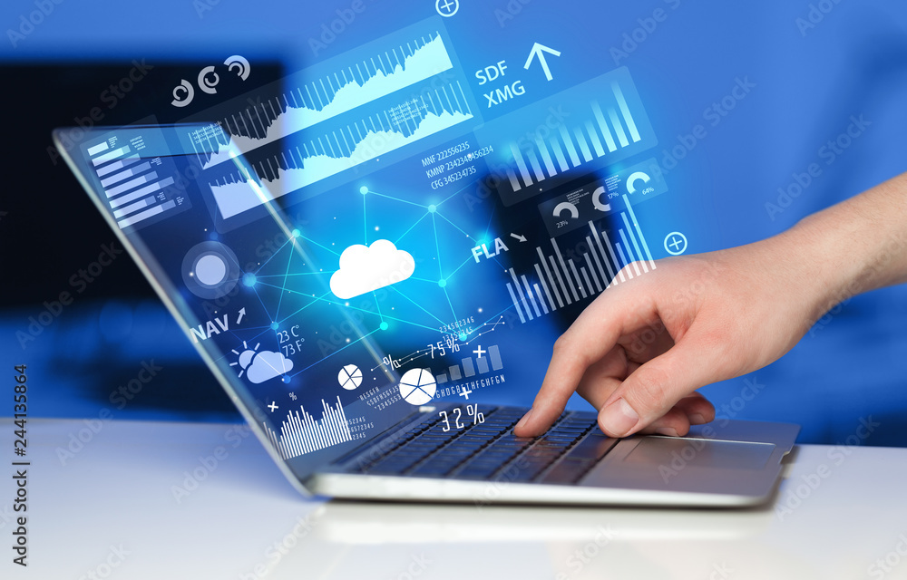 Poster hand using laptop with cloud technology and linked information concept