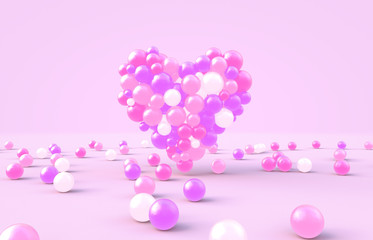 3d rendering. Sweet Valentine's day heart shape with pink candy ballloons backdrop. Love Concept. Pink background.