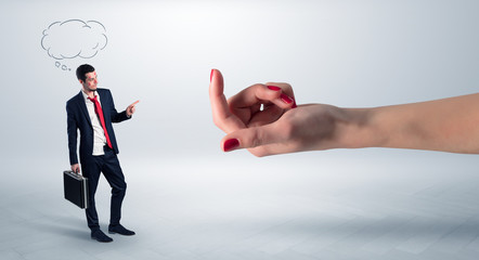 Kissed businessman with baiting hand and doodle concept
