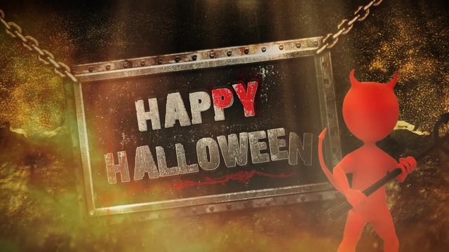 Happy Halloween Devil Metal Sign 4K Loop features a camera zoom with an animated devil character with pitchfork and chained sign falling to say Happy Halloween