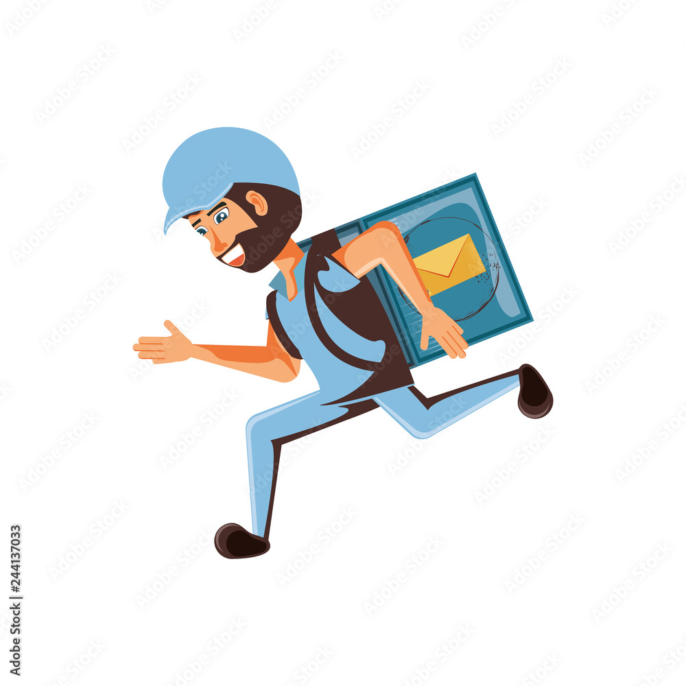 Poster delivery worker running with box of envelopes