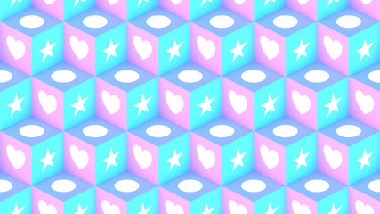 Purple, pink, and blue cubes with various pattern. 3d rendering picture.