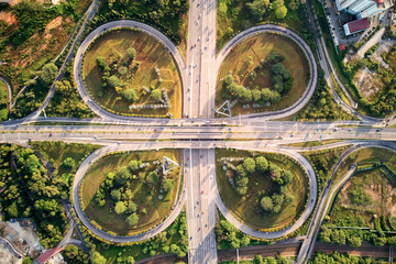 Aerial shot of a motorway with cloverleaf pattern